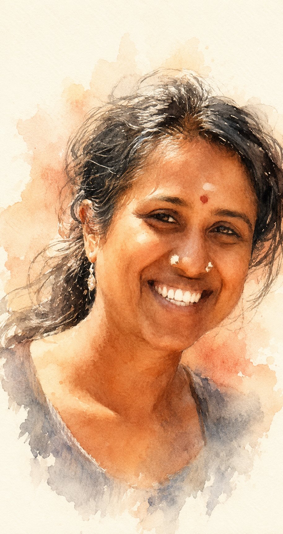 Watercolour portrait of Arpitha Shankar, smiling warmly