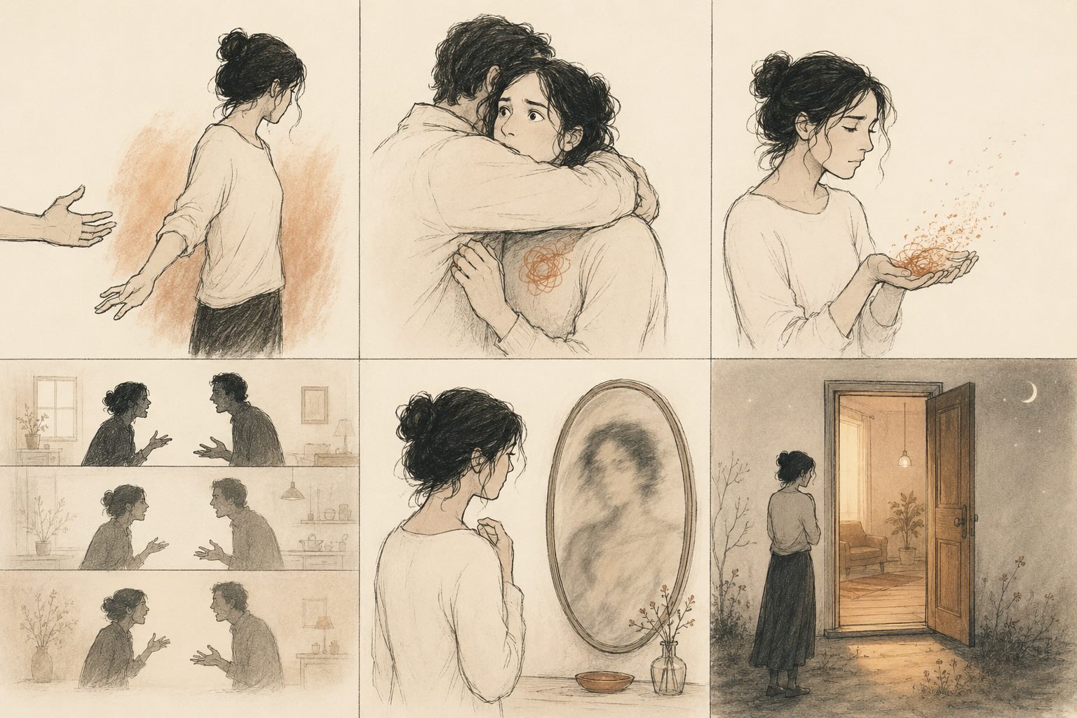 A six-panel illustration tracing the arc: turning away from an outstretched hand, freezing inside an embrace, holding unspoken words that dissolve in cupped hands, the same argument repeating across different rooms, doubting a blurred reflection in the mirror, and standing at a lit doorway, afraid both to enter and to stay outside.